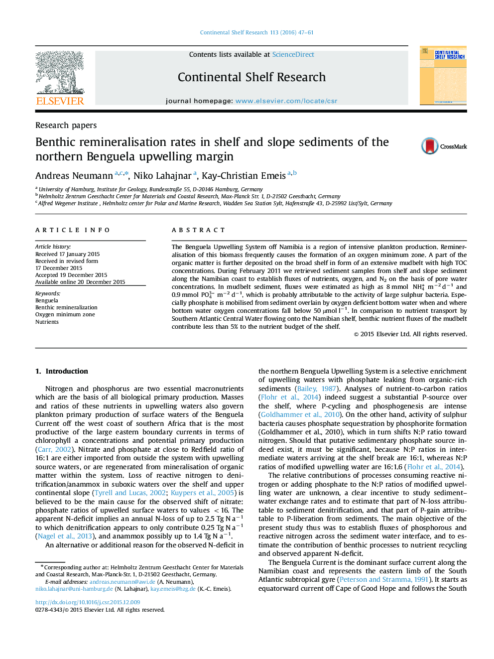 Benthic remineralisation rates in shelf and slope sediments of the northern Benguela upwelling margin