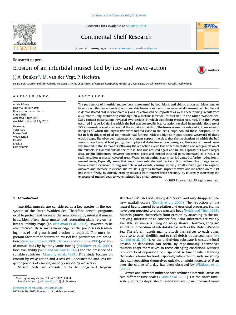 Erosion of an intertidal mussel bed by ice- and wave-action