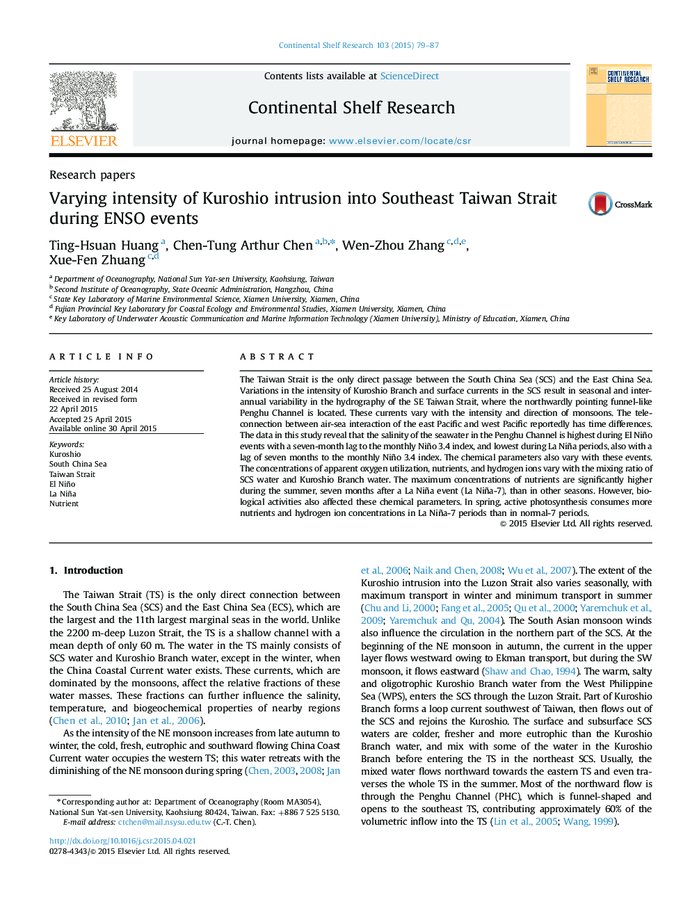 Varying intensity of Kuroshio intrusion into Southeast Taiwan Strait during ENSO events