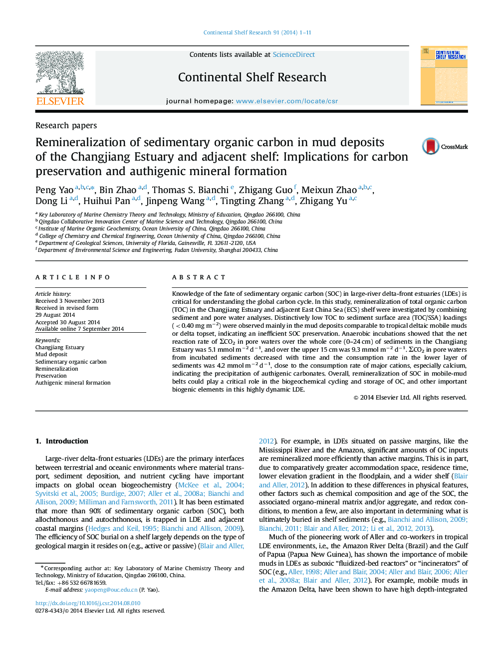 Remineralization of sedimentary organic carbon in mud deposits of the Changjiang Estuary and adjacent shelf: Implications for carbon preservation and authigenic mineral formation