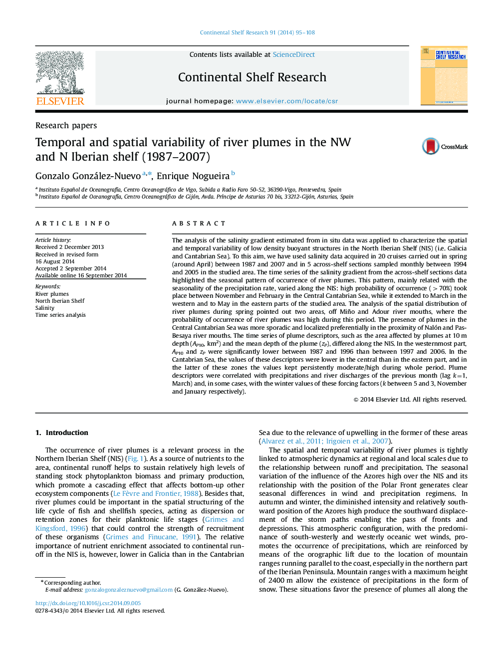 Temporal and spatial variability of river plumes in the NW and N Iberian shelf (1987–2007)