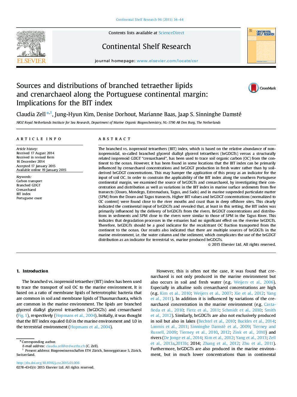 Sources and distributions of branched tetraether lipids and crenarchaeol along the Portuguese continental margin: Implications for the BIT index