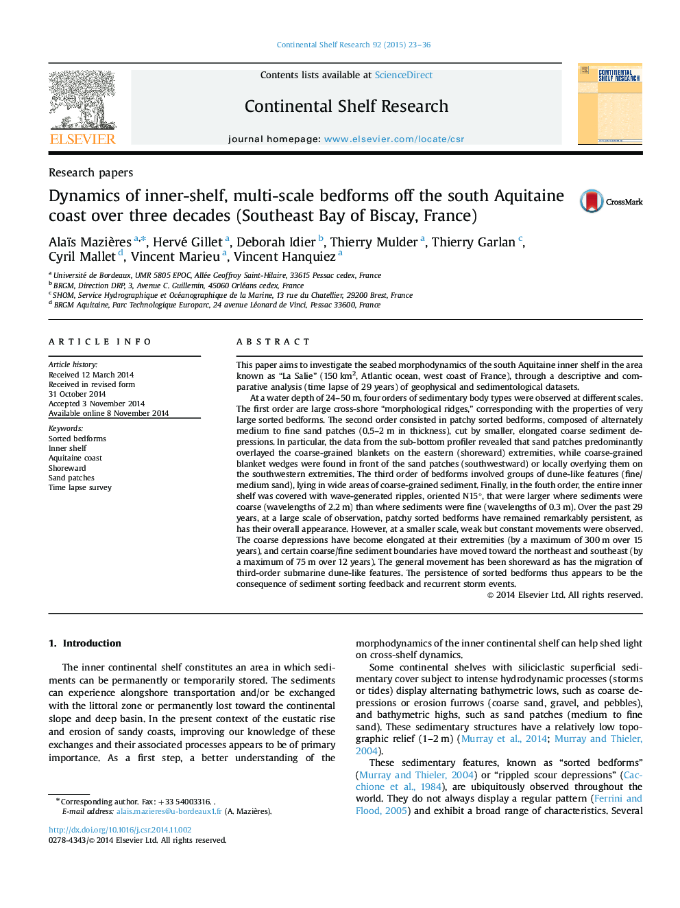 Dynamics of inner-shelf, multi-scale bedforms off the south Aquitaine coast over three decades (Southeast Bay of Biscay, France)