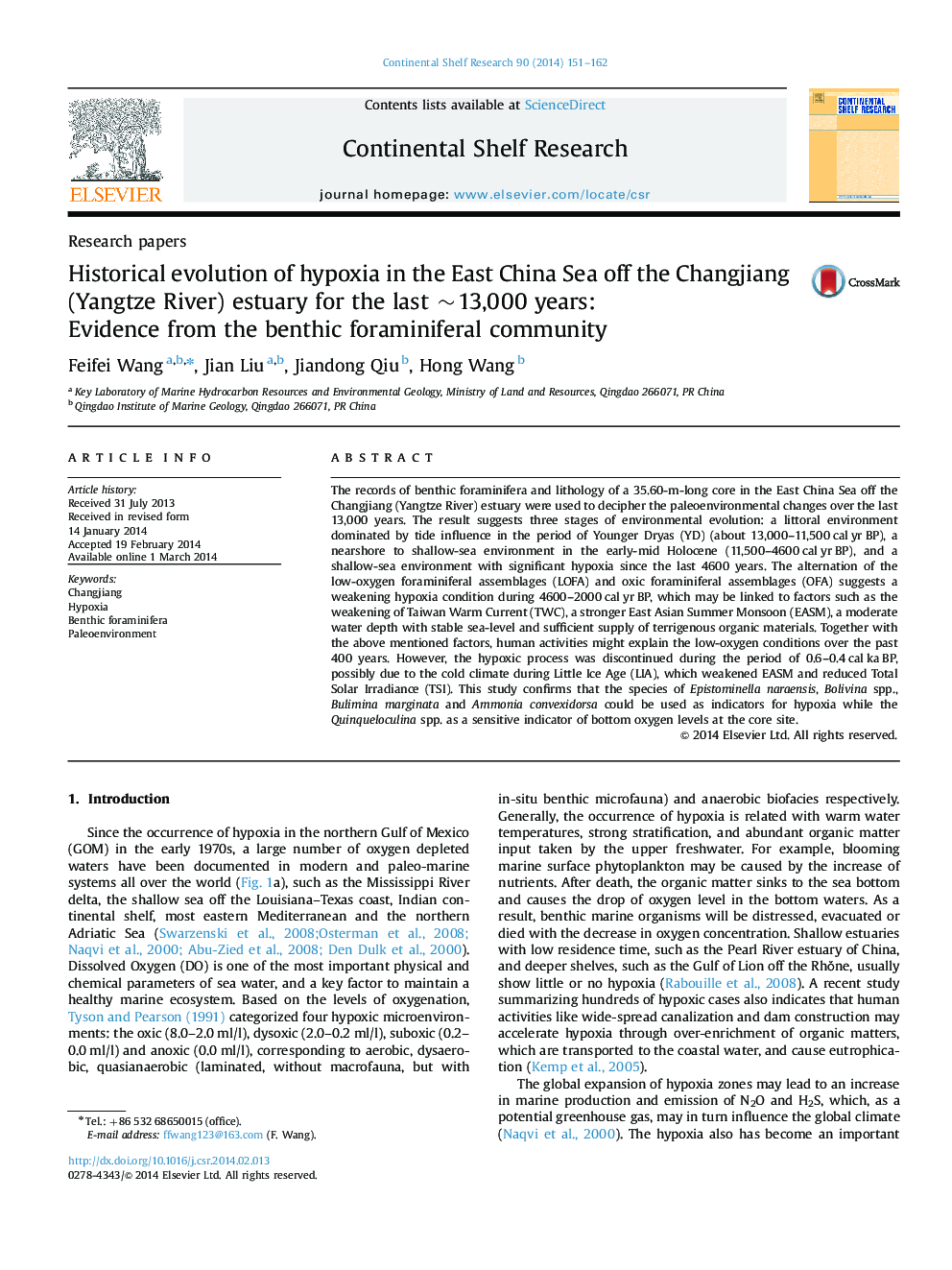 Historical evolution of hypoxia in the East China Sea off the Changjiang (Yangtze River) estuary for the last ~13,000 years: Evidence from the benthic foraminiferal community