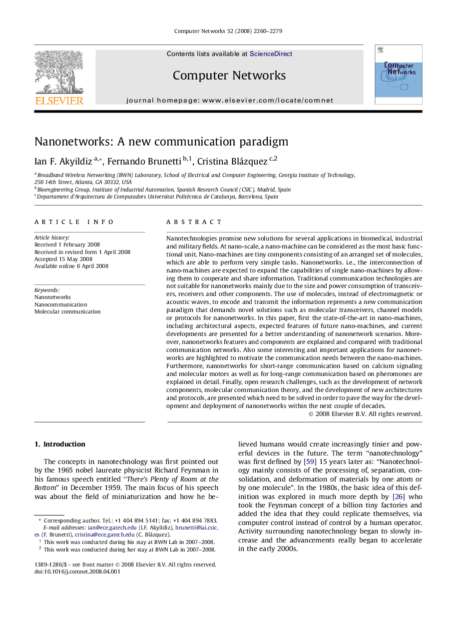 Nanonetworks: A new communication paradigm