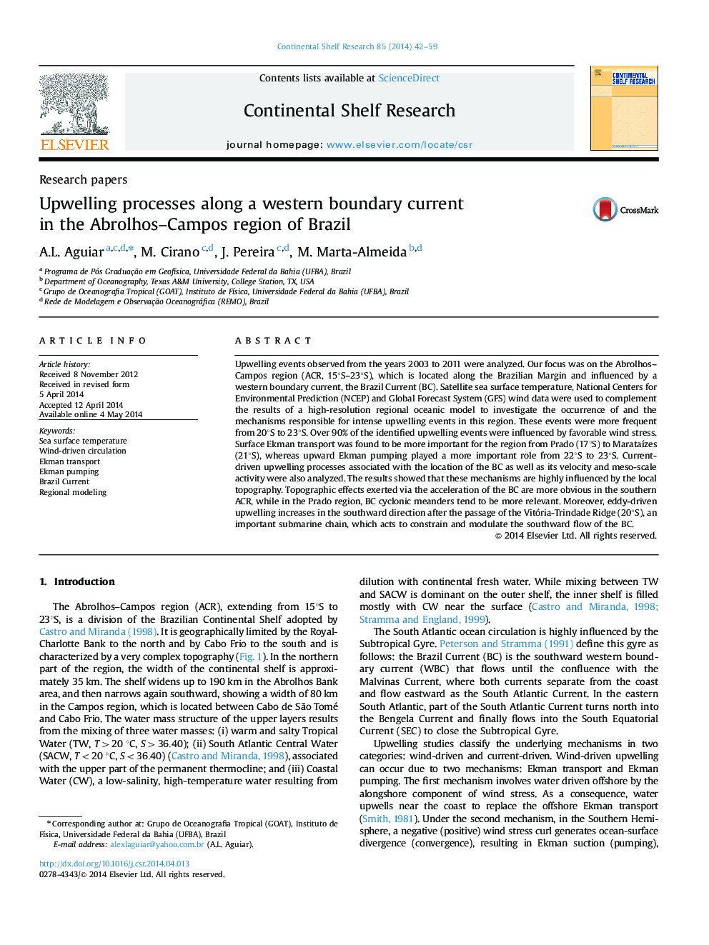 Upwelling processes along a western boundary current in the Abrolhos–Campos region of Brazil