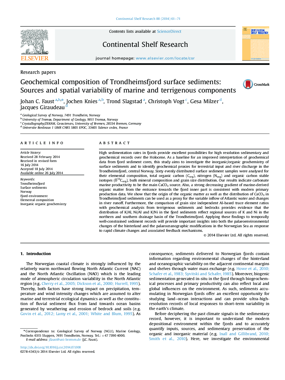 Geochemical composition of Trondheimsfjord surface sediments: Sources and spatial variability of marine and terrigenous components