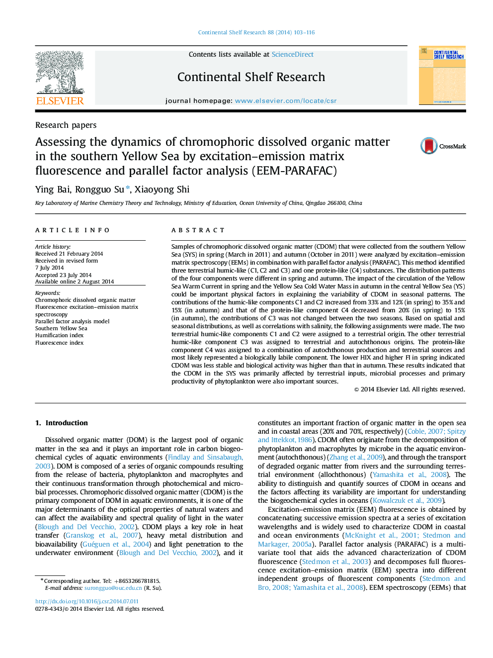 Assessing the dynamics of chromophoric dissolved organic matter in the southern Yellow Sea by excitation–emission matrix fluorescence and parallel factor analysis (EEM-PARAFAC)