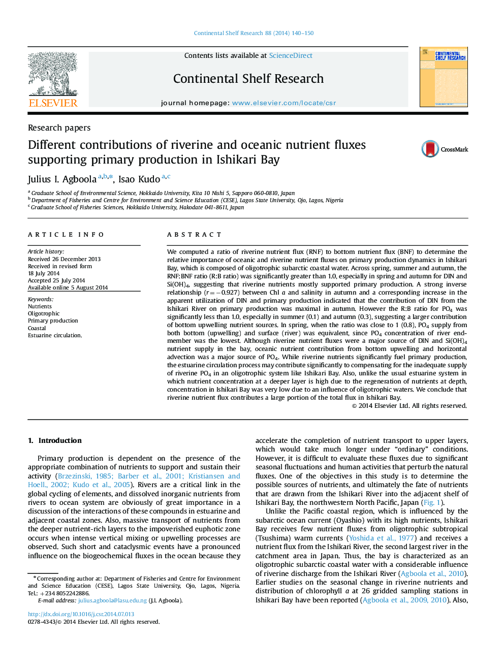 Different contributions of riverine and oceanic nutrient fluxes supporting primary production in Ishikari Bay