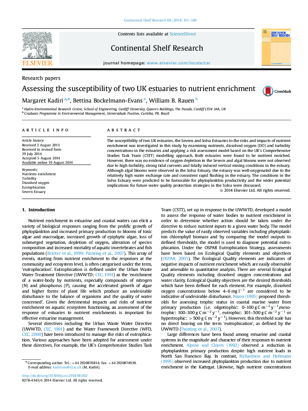 Assessing the susceptibility of two UK estuaries to nutrient enrichment