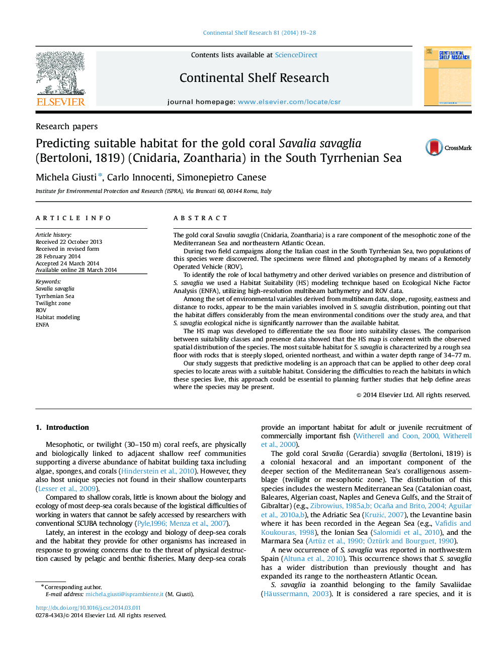 Predicting suitable habitat for the gold coral Savalia savaglia (Bertoloni, 1819) (Cnidaria, Zoantharia) in the South Tyrrhenian Sea