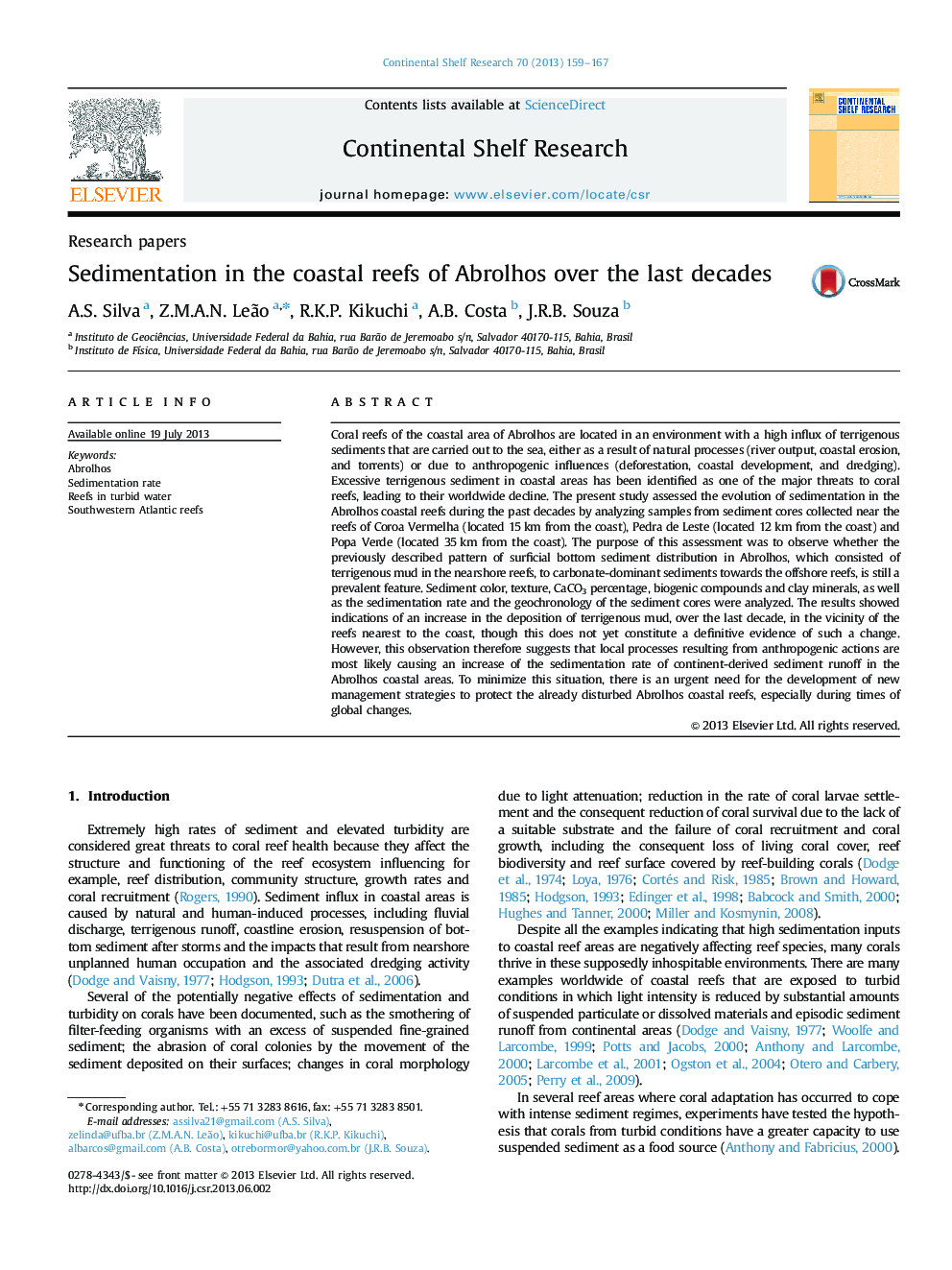 Sedimentation in the coastal reefs of Abrolhos over the last decades