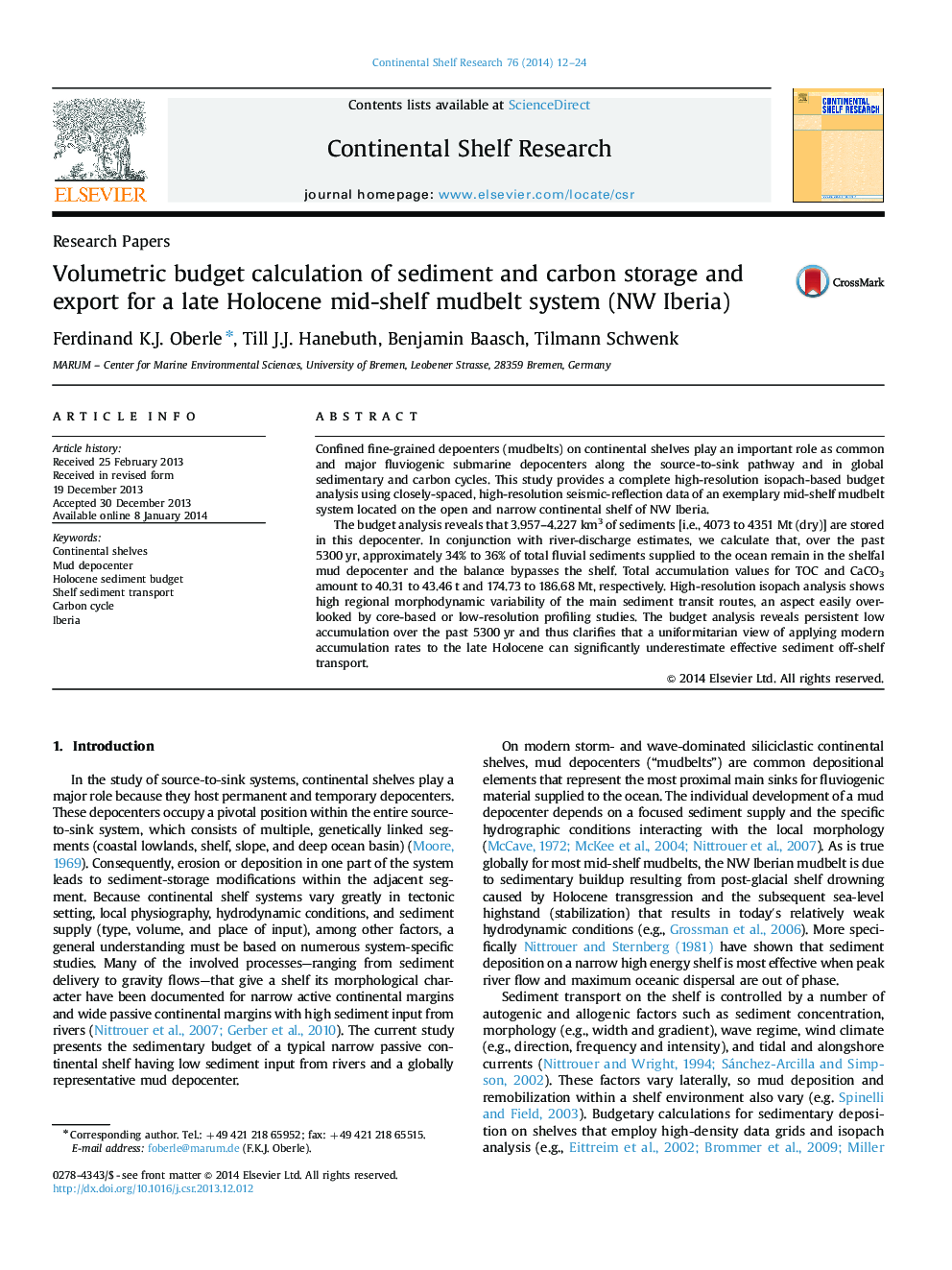 Volumetric budget calculation of sediment and carbon storage and export for a late Holocene mid-shelf mudbelt system (NW Iberia)