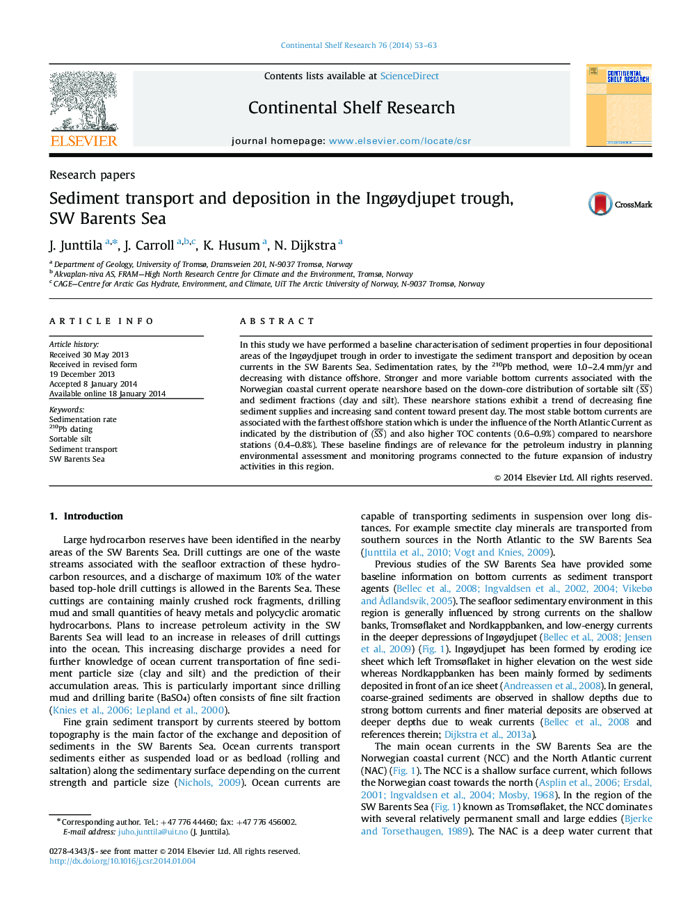 Sediment transport and deposition in the Ingøydjupet trough, SW Barents Sea