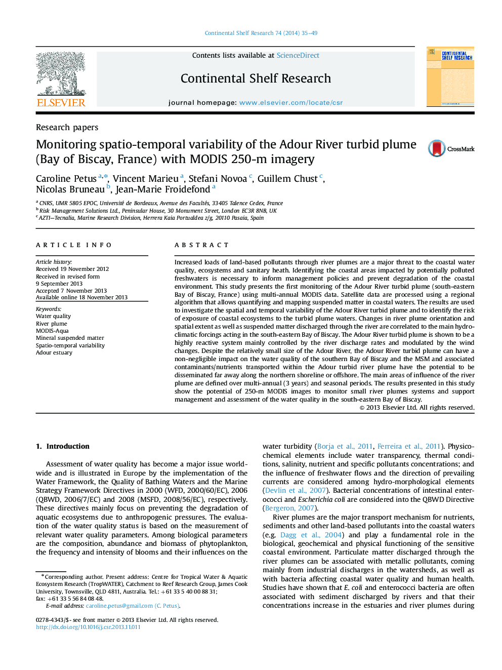 Monitoring spatio-temporal variability of the Adour River turbid plume (Bay of Biscay, France) with MODIS 250-m imagery