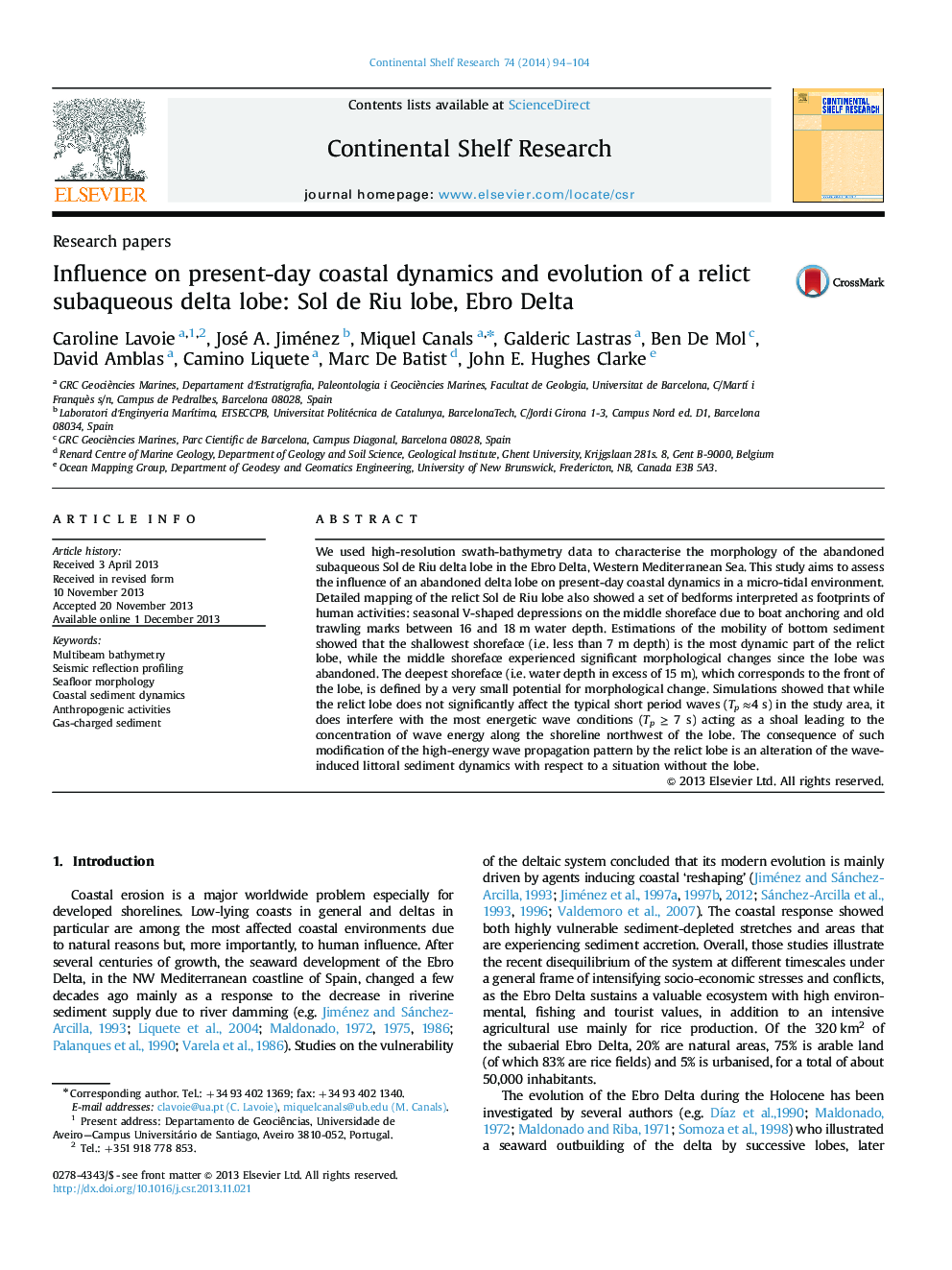 Influence on present-day coastal dynamics and evolution of a relict subaqueous delta lobe: Sol de Riu lobe, Ebro Delta