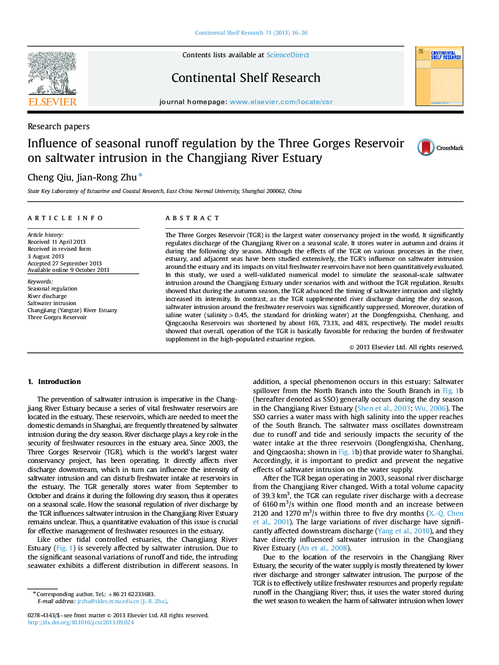 Influence of seasonal runoff regulation by the Three Gorges Reservoir on saltwater intrusion in the Changjiang River Estuary