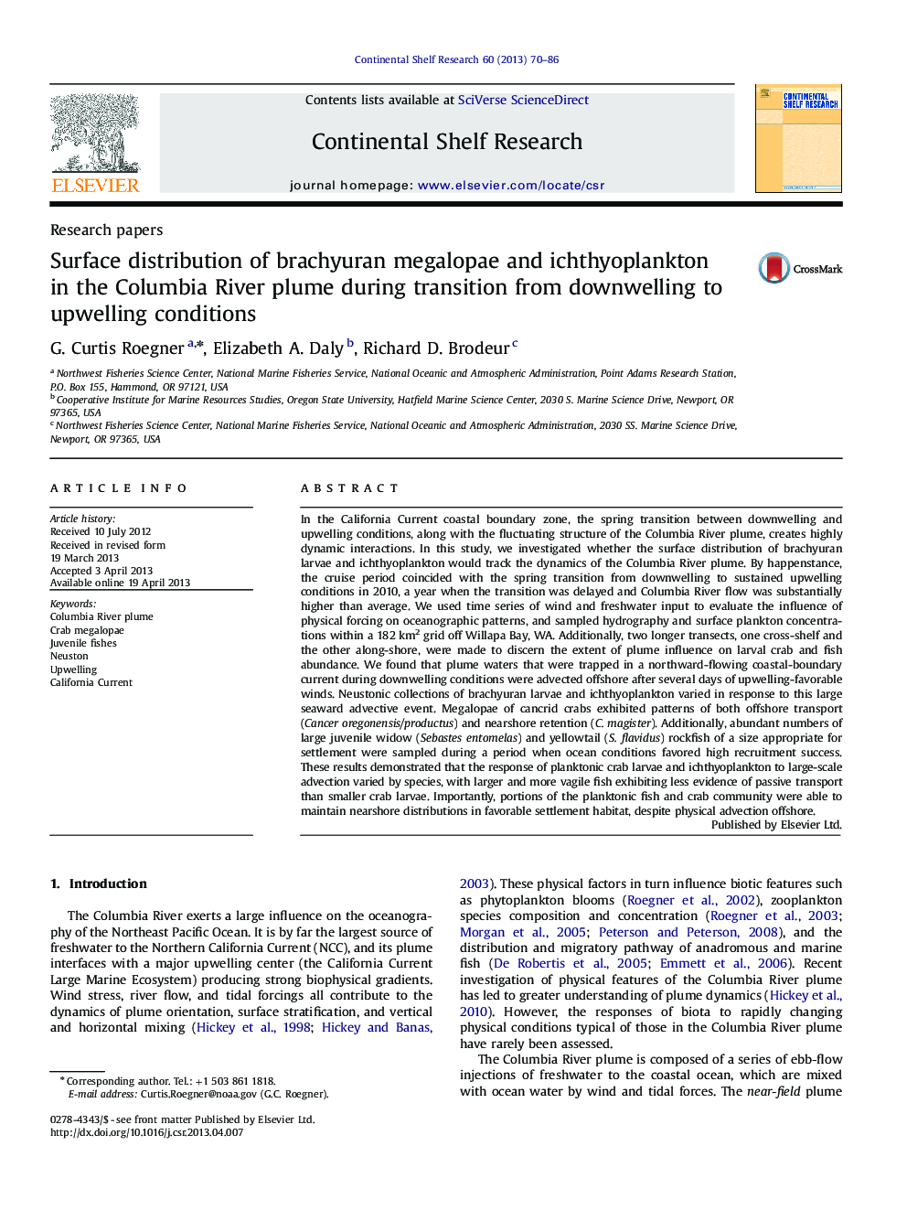 Surface distribution of brachyuran megalopae and ichthyoplankton in the Columbia River plume during transition from downwelling to upwelling conditions