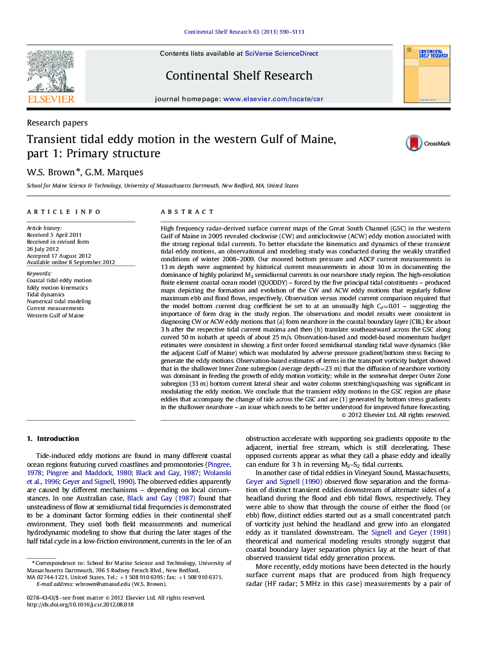 Transient tidal eddy motion in the western Gulf of Maine, part 1: Primary structure