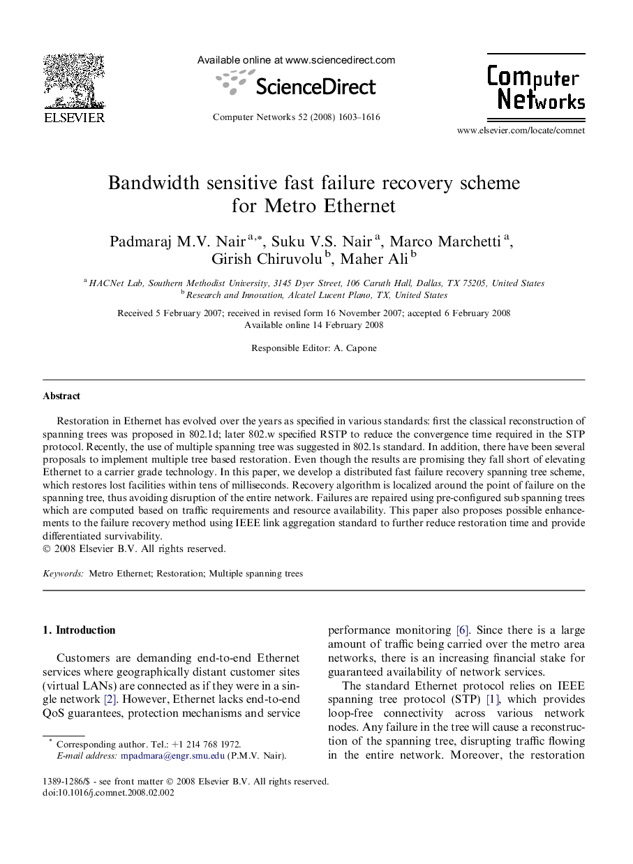 Bandwidth sensitive fast failure recovery scheme for Metro Ethernet