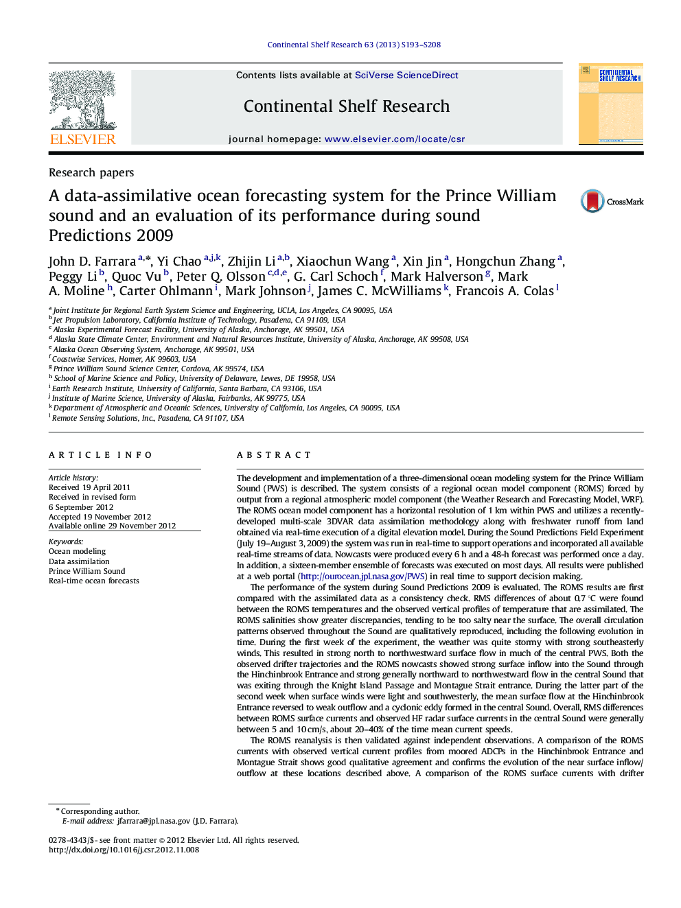 A data-assimilative ocean forecasting system for the Prince William sound and an evaluation of its performance during sound Predictions 2009