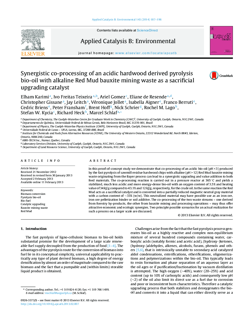 Synergistic co-processing of an acidic hardwood derived pyrolysis bio-oil with alkaline Red Mud bauxite mining waste as a sacrificial upgrading catalyst