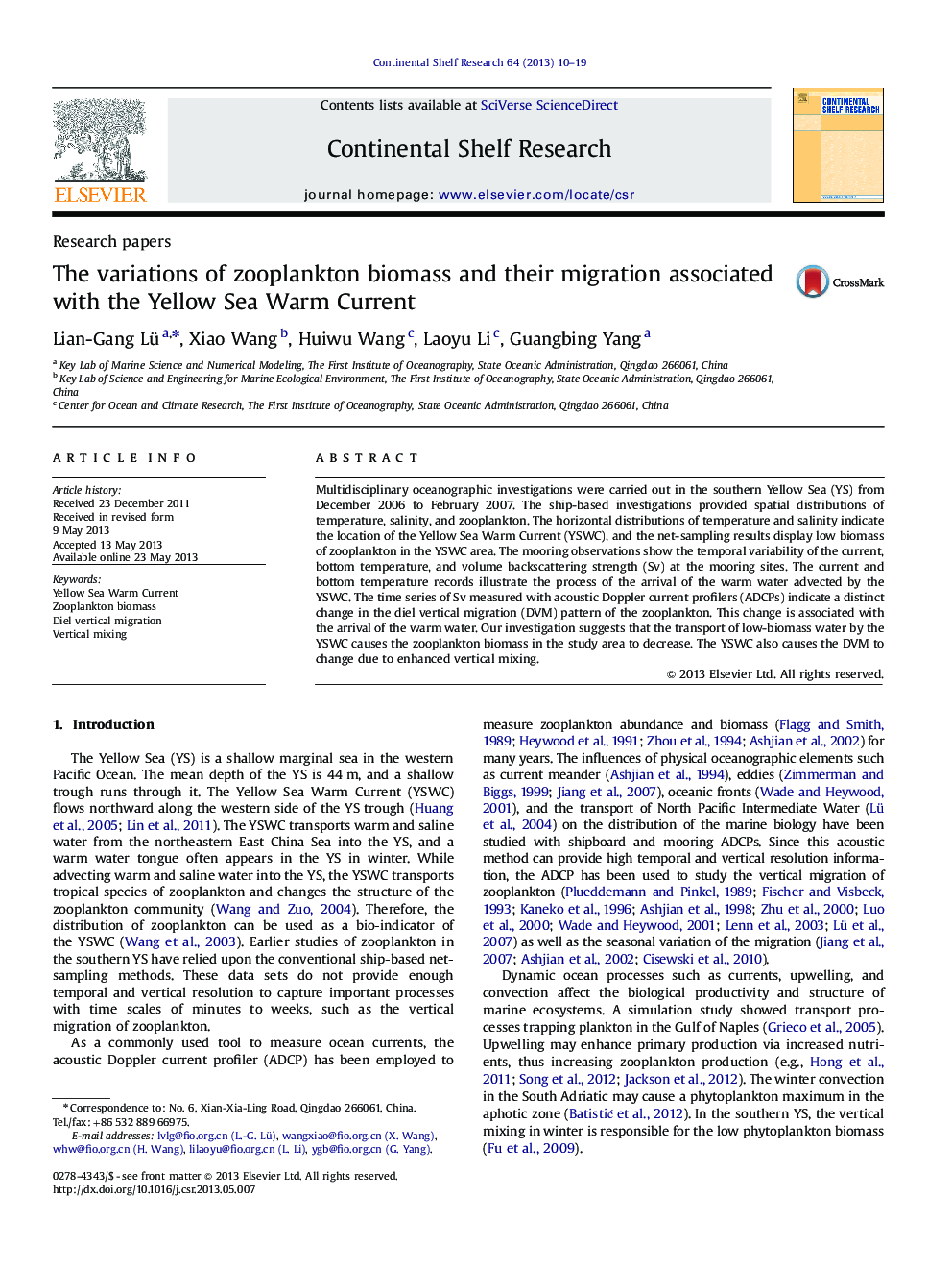 The variations of zooplankton biomass and their migration associated with the Yellow Sea Warm Current