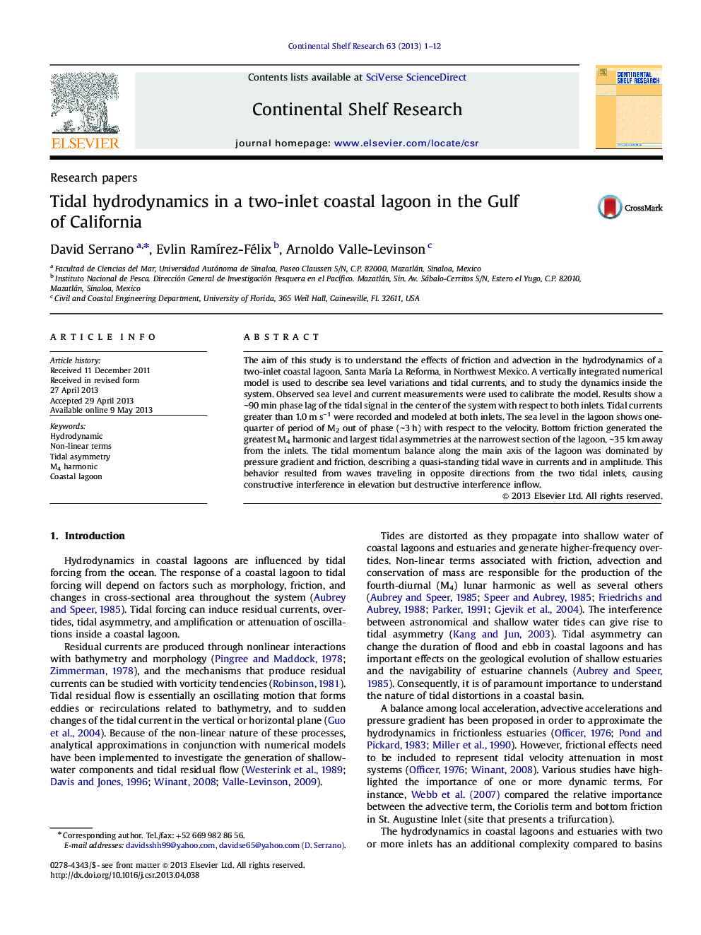 Tidal hydrodynamics in a two-inlet coastal lagoon in the Gulf of California