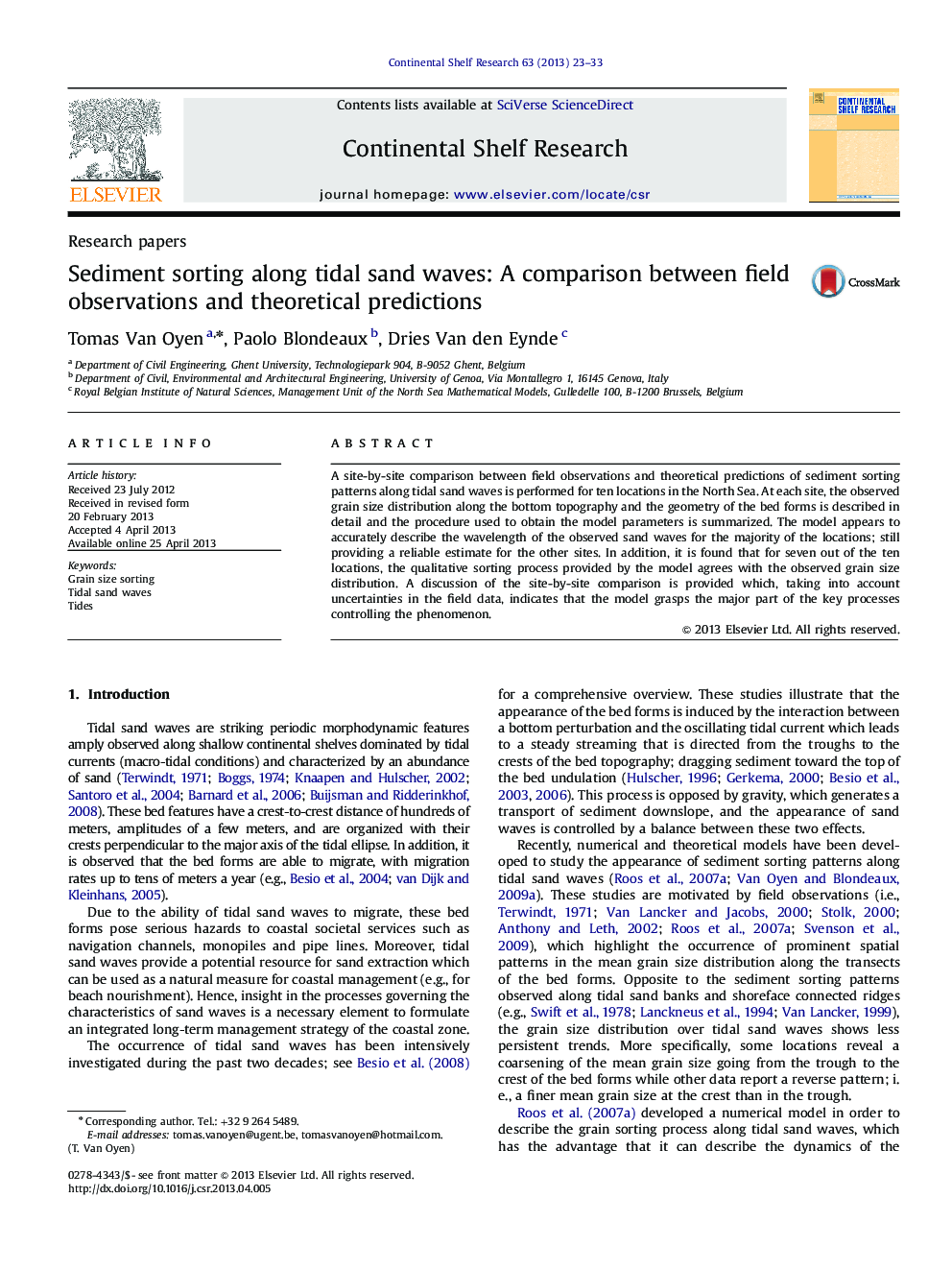 Sediment sorting along tidal sand waves: A comparison between field observations and theoretical predictions