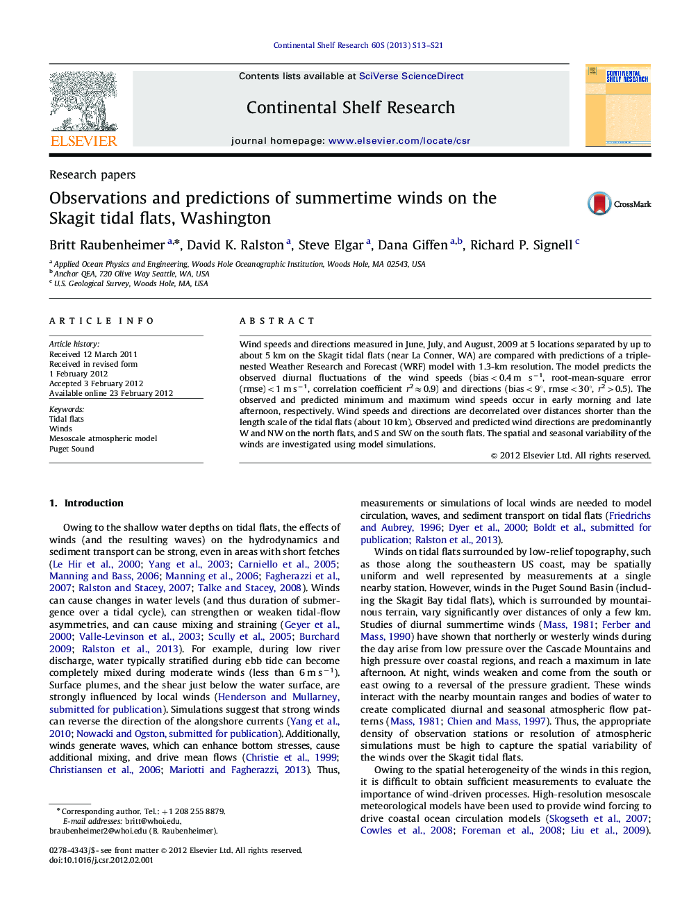 Observations and predictions of summertime winds on the Skagit tidal flats, Washington