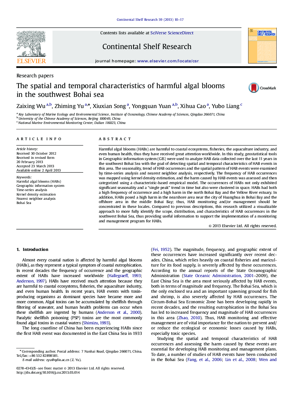 The spatial and temporal characteristics of harmful algal blooms in the southwest Bohai sea