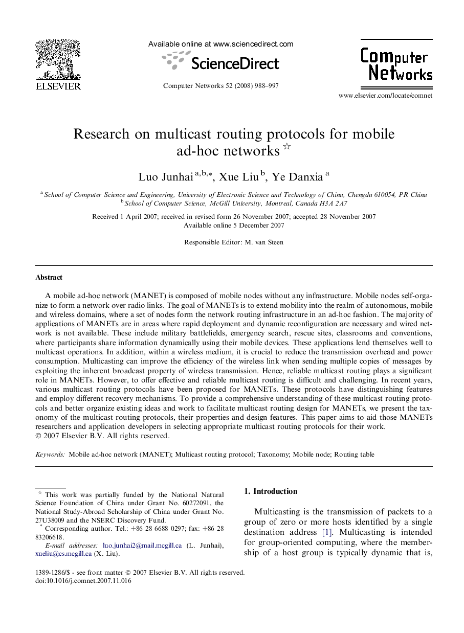 Research on multicast routing protocols for mobile ad-hoc networks 