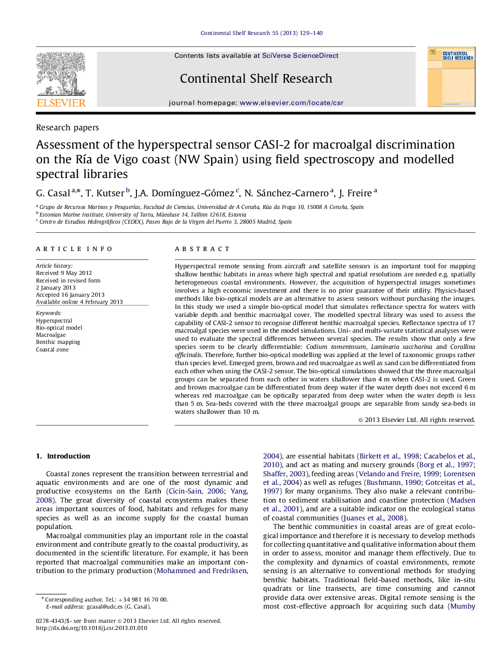 Assessment of the hyperspectral sensor CASI-2 for macroalgal discrimination on the Ría de Vigo coast (NW Spain) using field spectroscopy and modelled spectral libraries