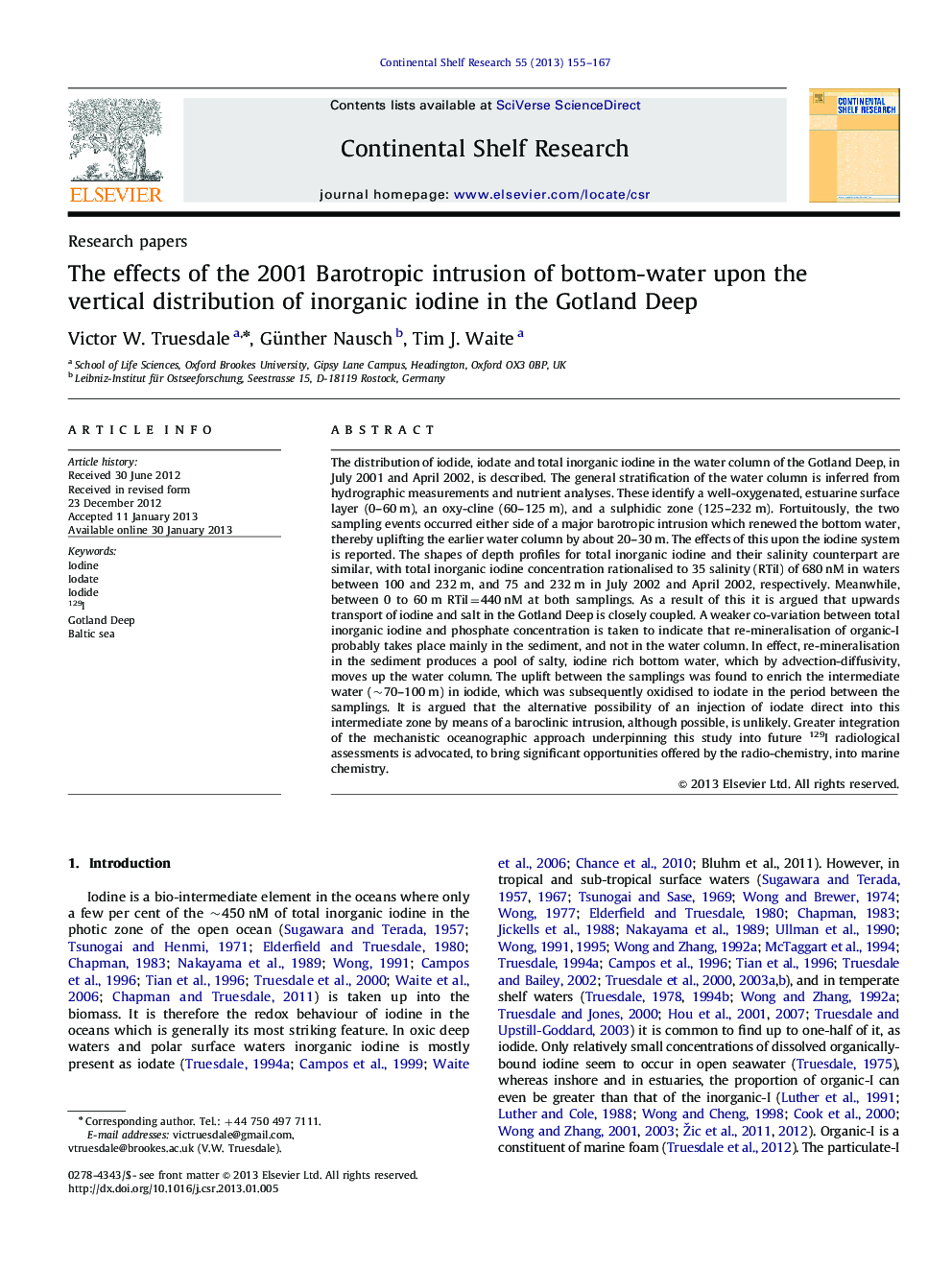 The effects of the 2001 Barotropic intrusion of bottom-water upon the vertical distribution of inorganic iodine in the Gotland Deep