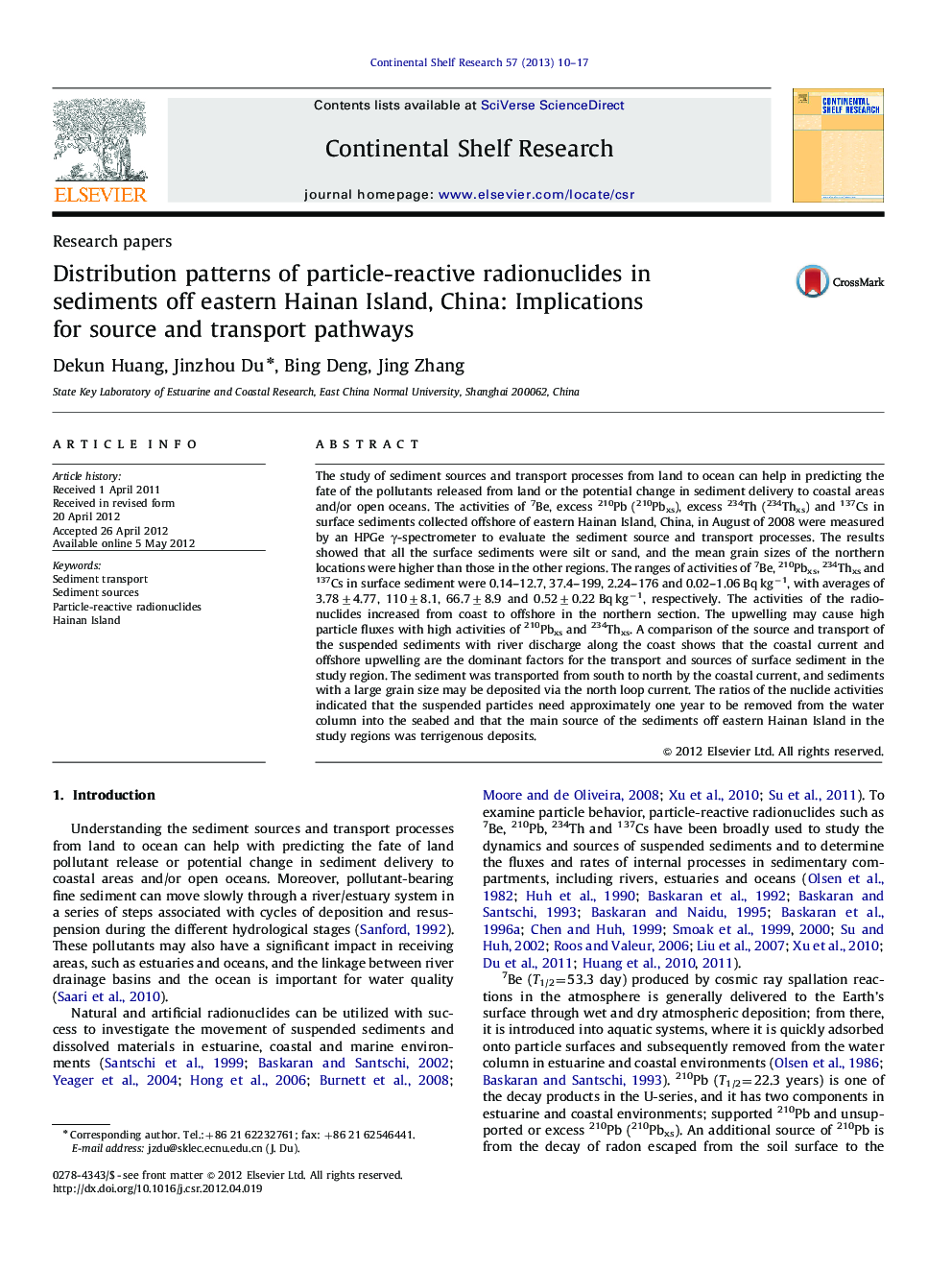 Distribution patterns of particle-reactive radionuclides in sediments off eastern Hainan Island, China: Implications for source and transport pathways