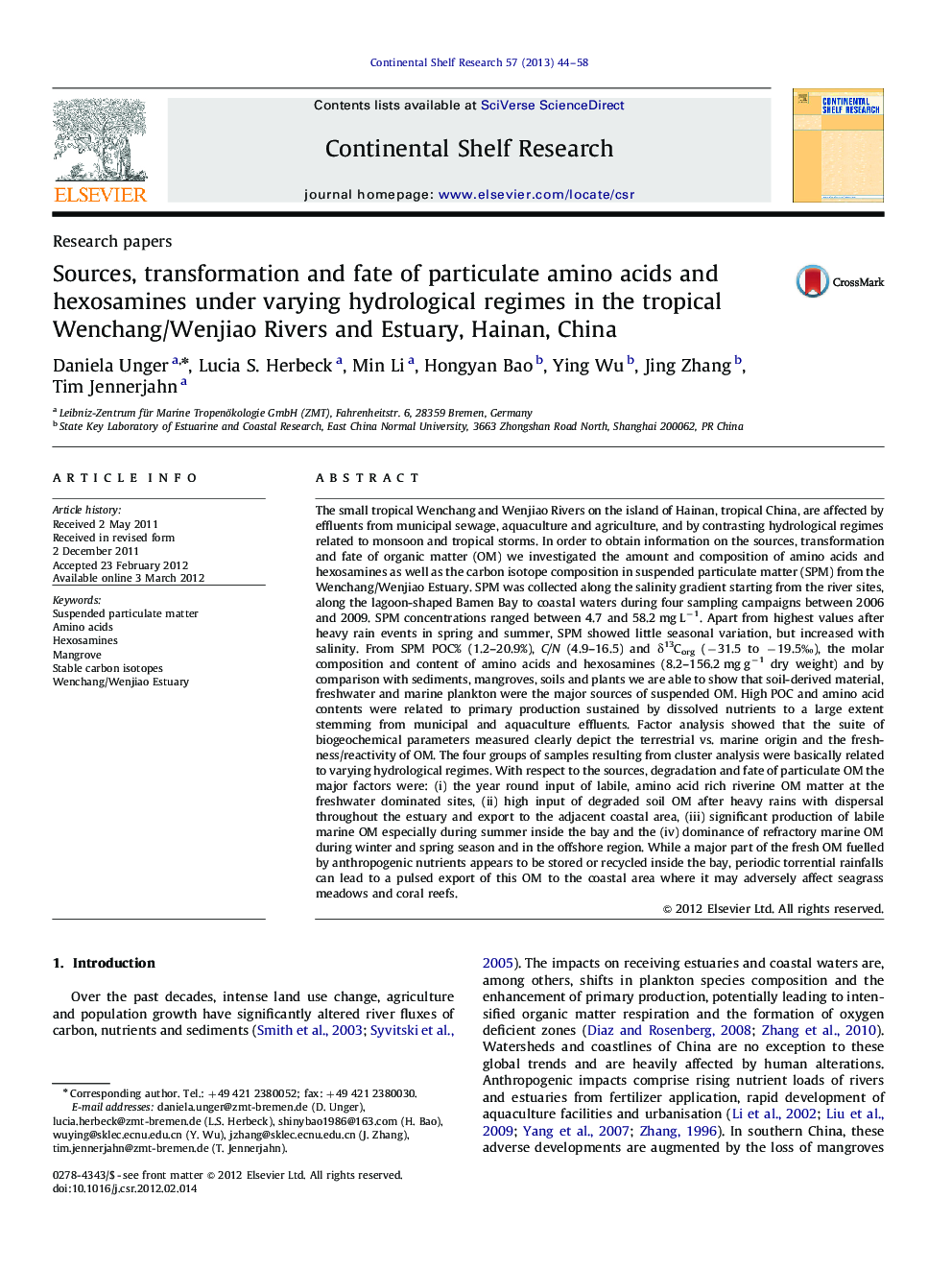 Sources, transformation and fate of particulate amino acids and hexosamines under varying hydrological regimes in the tropical Wenchang/Wenjiao Rivers and Estuary, Hainan, China