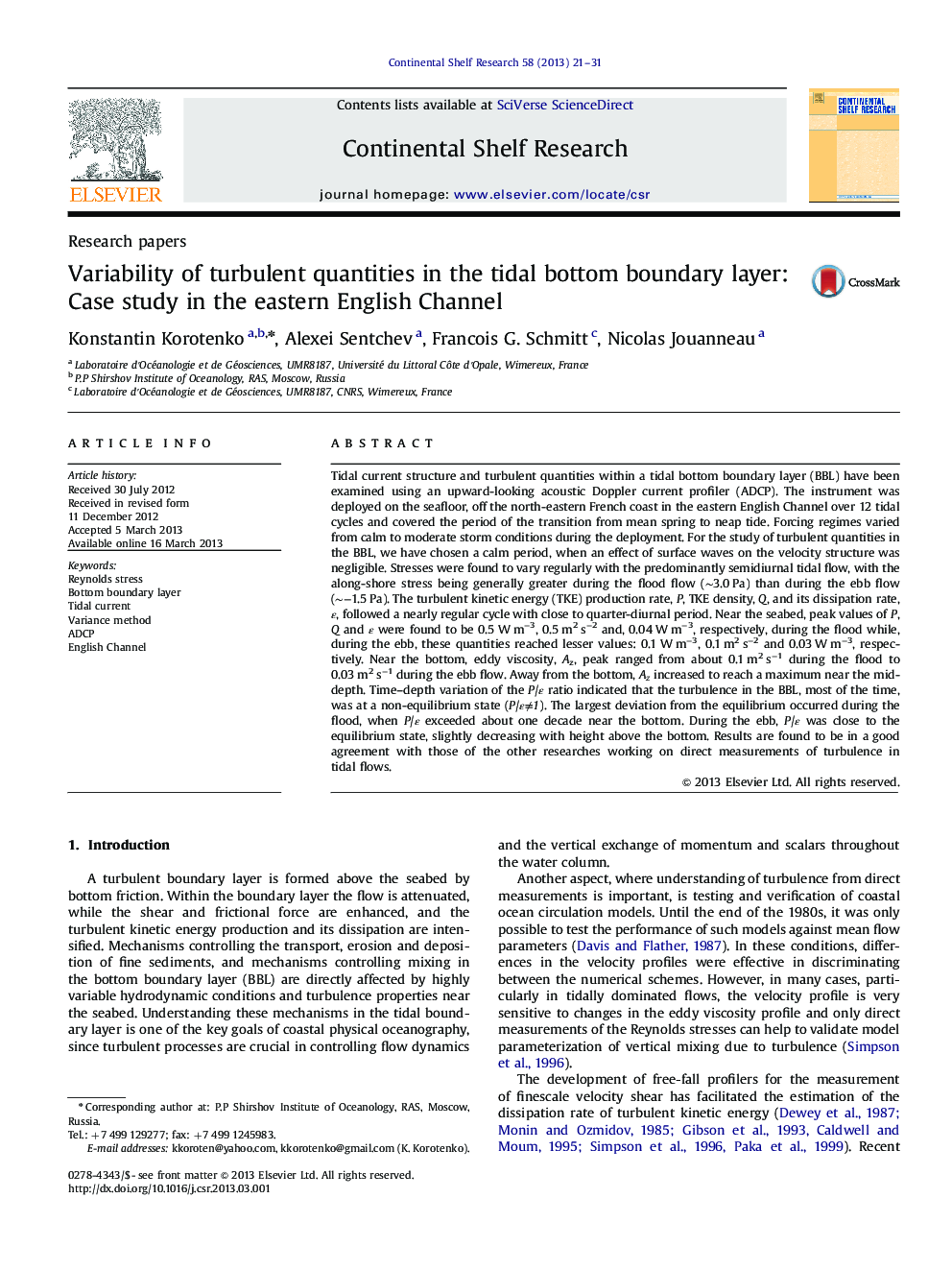 عکس صفحه اول مقاله: Variability of turbulent quantities in the tidal bottom boundary layer: Case study in the eastern English Channel Variability of turbulent quantities in the tidal bottom boundary layer: Case study in the eastern English Channel