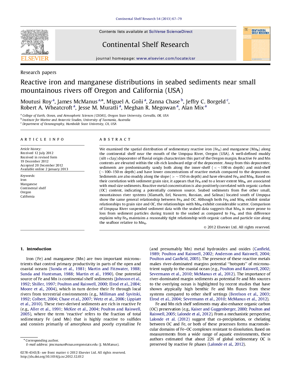 Reactive iron and manganese distributions in seabed sediments near small mountainous rivers off Oregon and California (USA)