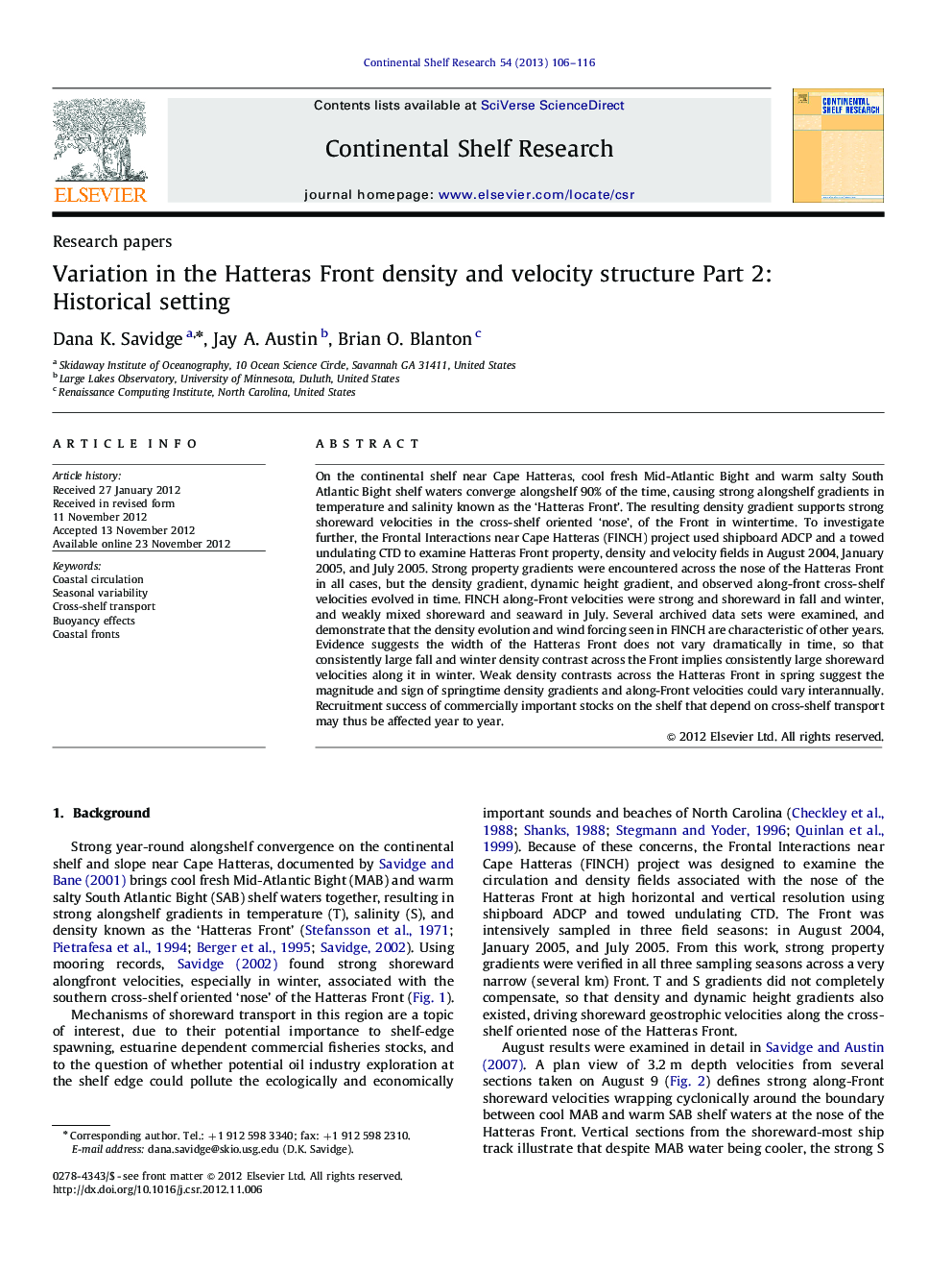 Variation in the Hatteras Front density and velocity structure Part 2: Historical setting