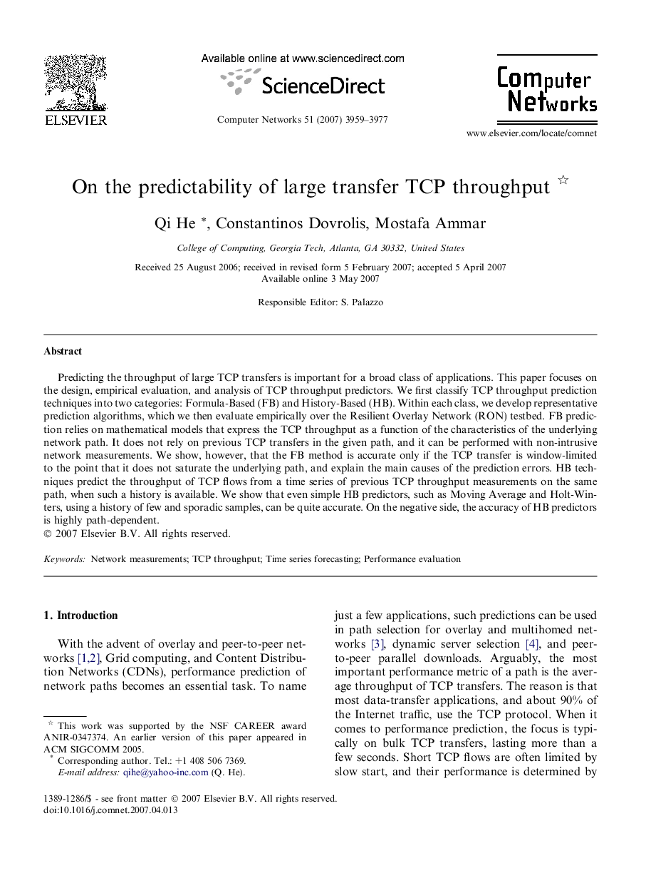 On the predictability of large transfer TCP throughput 