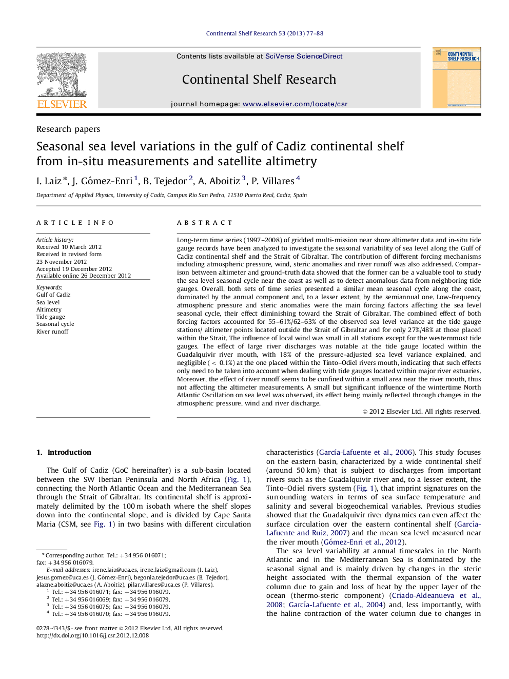 Seasonal sea level variations in the gulf of Cadiz continental shelf from in-situ measurements and satellite altimetry