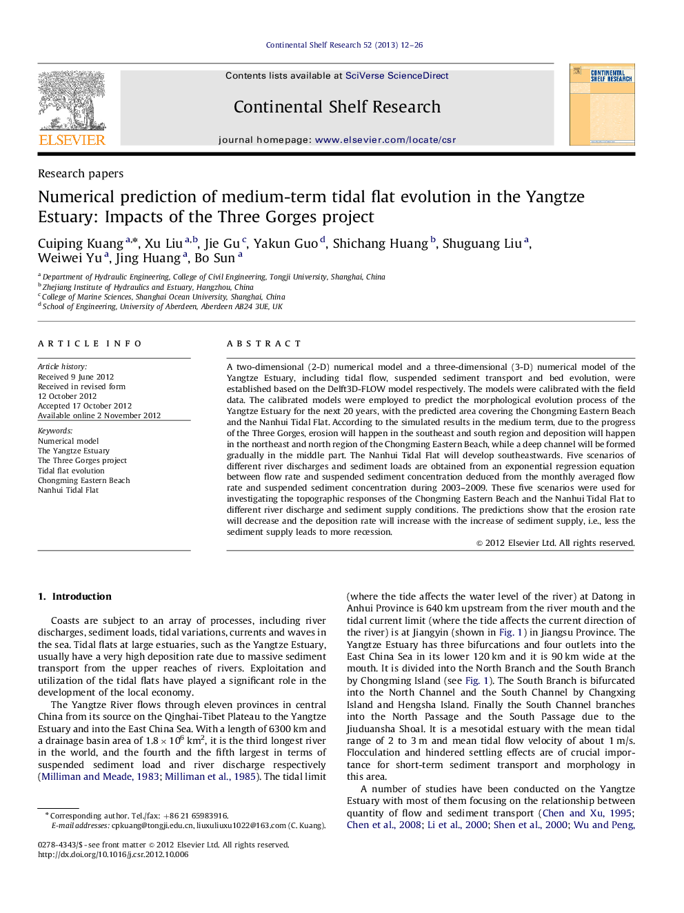 Numerical prediction of medium-term tidal flat evolution in the Yangtze Estuary: Impacts of the Three Gorges project