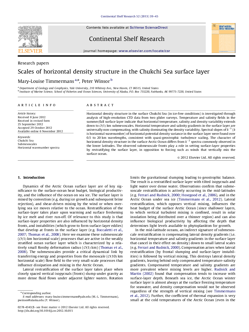 Scales of horizontal density structure in the Chukchi Sea surface layer