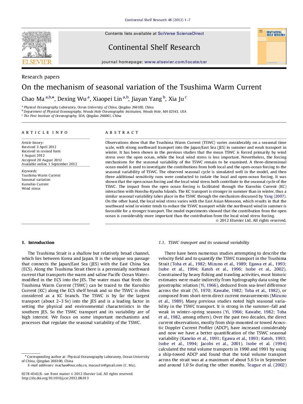 عکس صفحه اول مقاله: On the mechanism of seasonal variation of the Tsushima Warm Current On the mechanism of seasonal variation of the Tsushima Warm Current