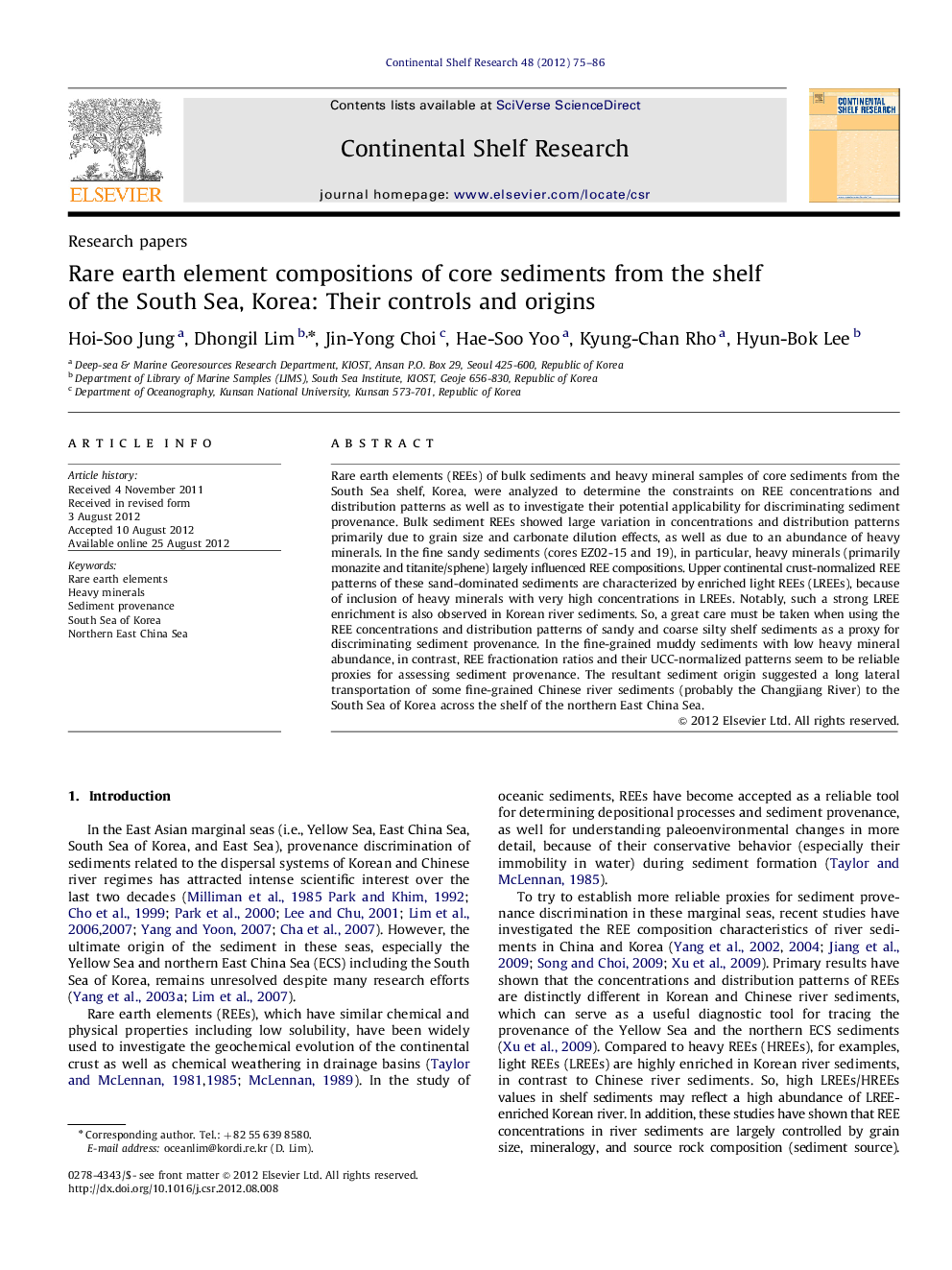 Rare earth element compositions of core sediments from the shelf of the South Sea, Korea: Their controls and origins