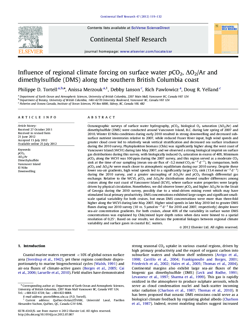 Influence of regional climate forcing on surface water pCO2, ΔO2/Ar and dimethylsulfide (DMS) along the southern British Columbia coast