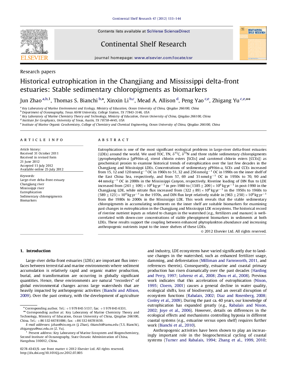 Historical eutrophication in the Changjiang and Mississippi delta-front estuaries: Stable sedimentary chloropigments as biomarkers