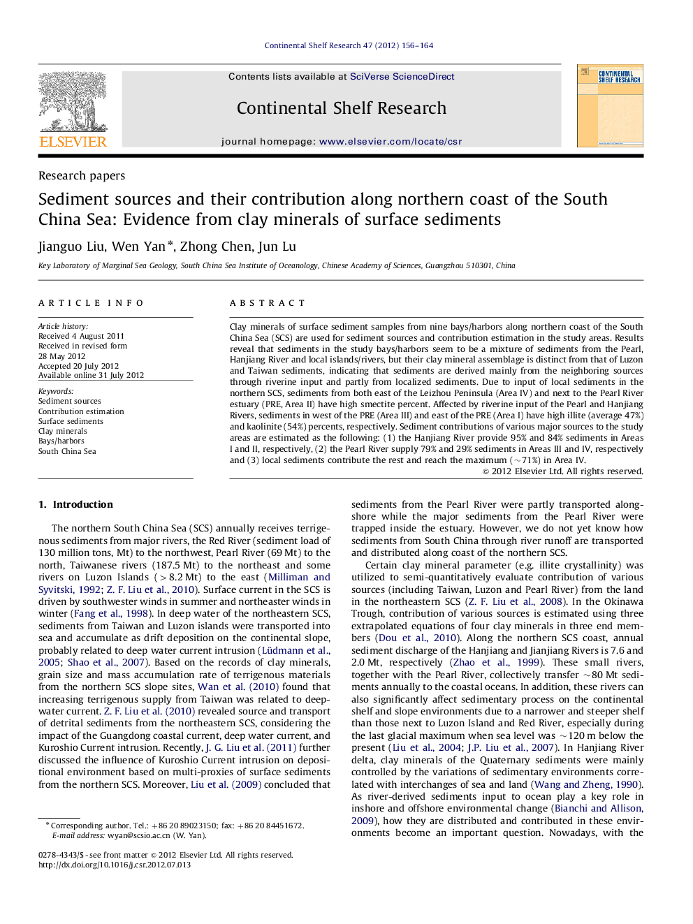 Sediment sources and their contribution along northern coast of the South China Sea: Evidence from clay minerals of surface sediments