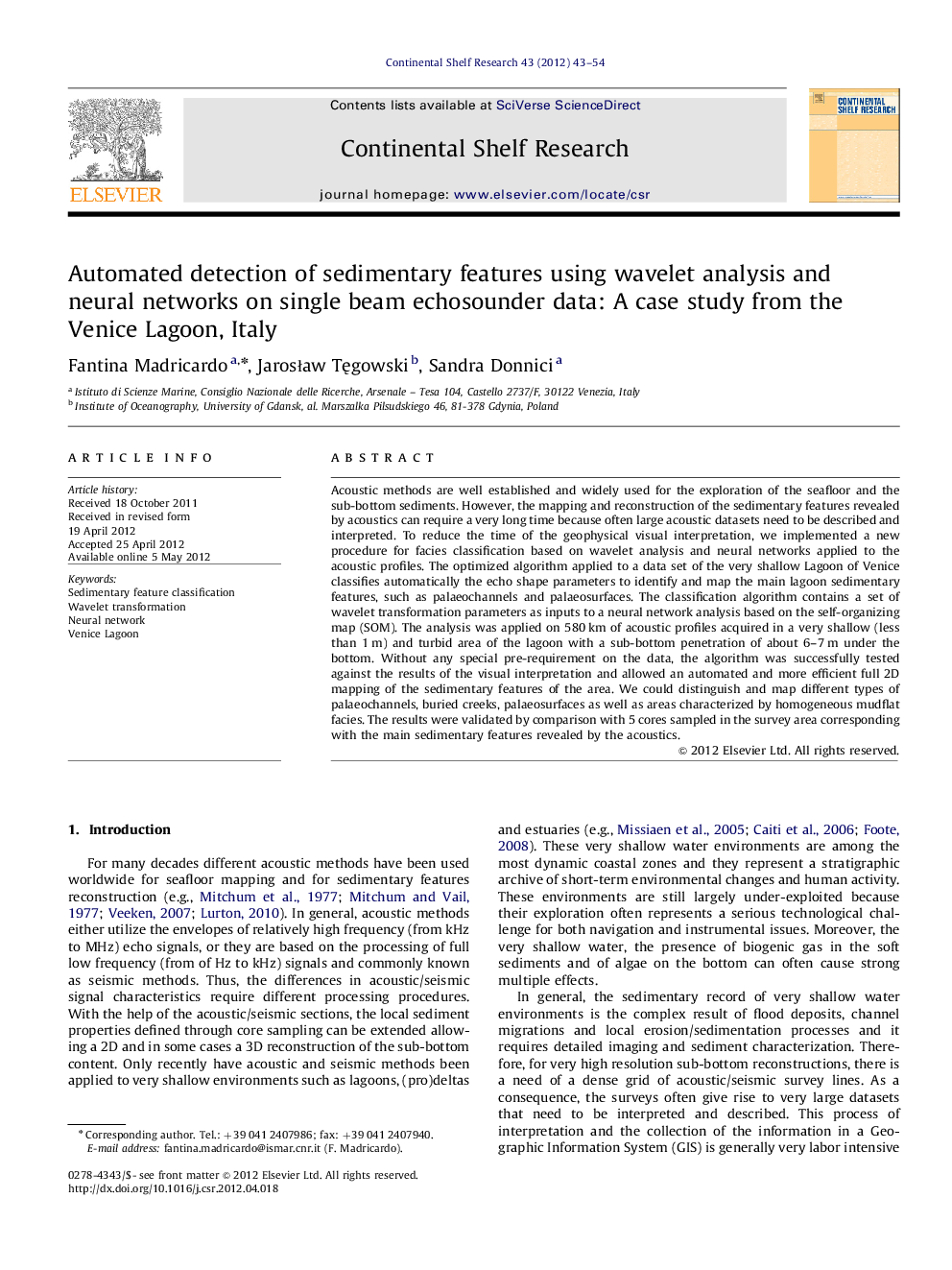 Automated detection of sedimentary features using wavelet analysis and neural networks on single beam echosounder data: A case study from the Venice Lagoon, Italy