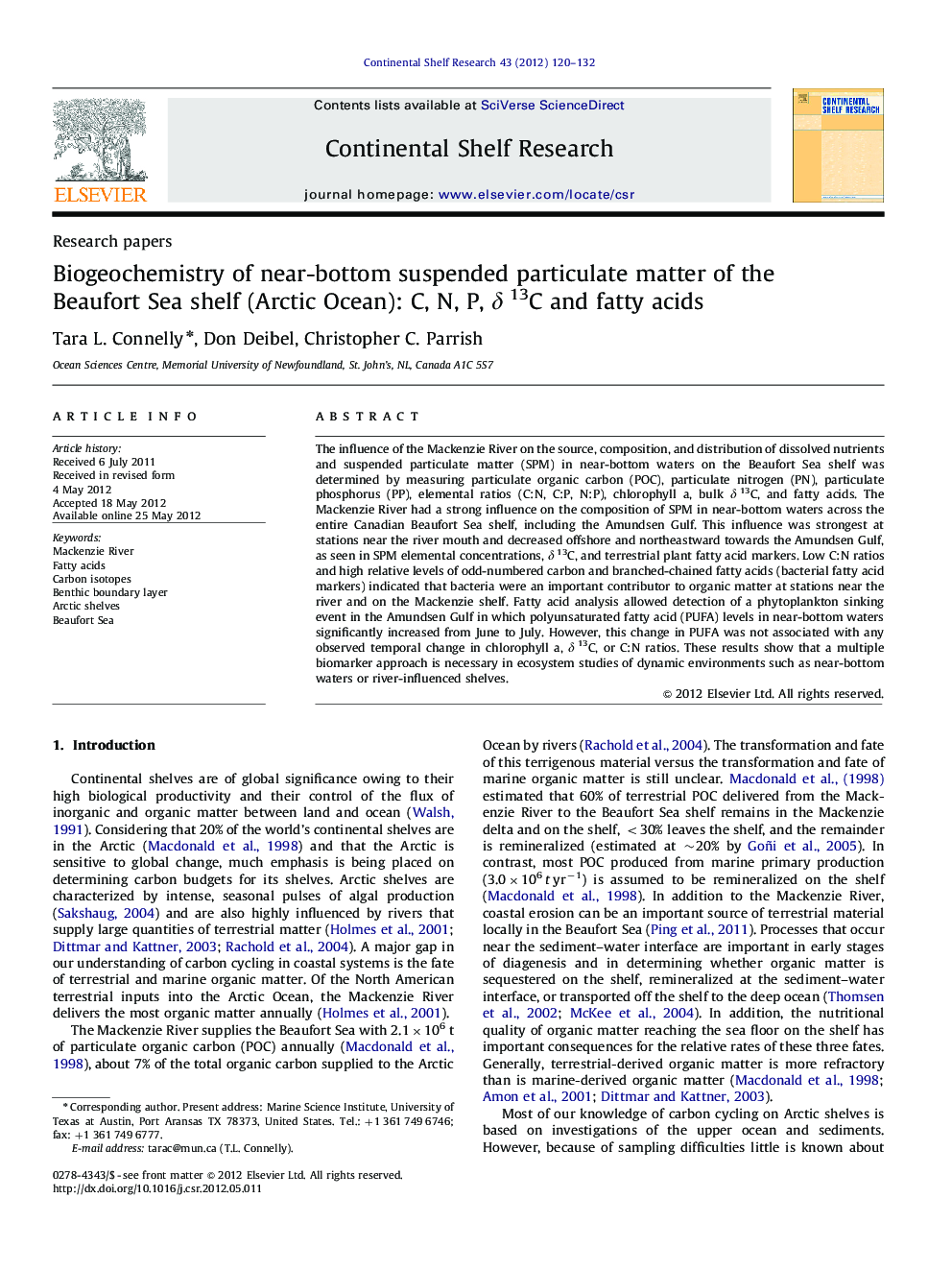 Biogeochemistry of near-bottom suspended particulate matter of the Beaufort Sea shelf (Arctic Ocean): C, N, P, δ 13C and fatty acids